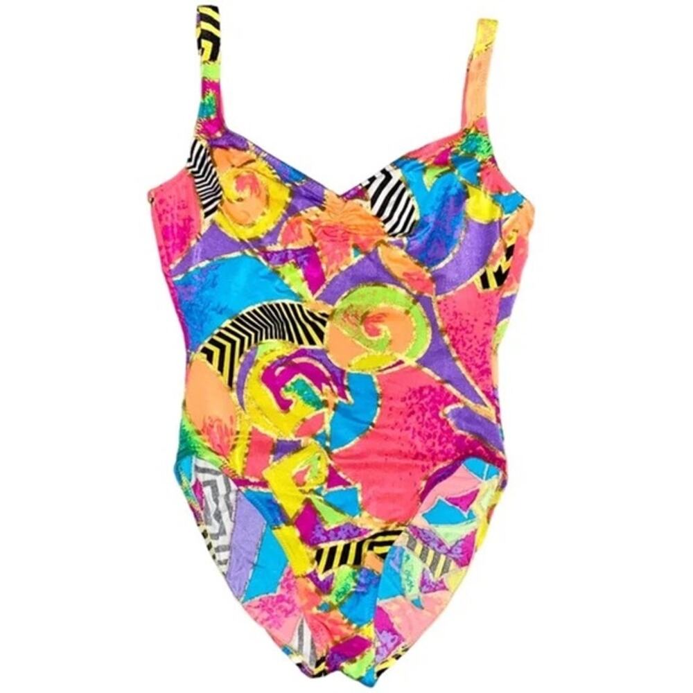 VTG JAG One Piece Low Back Deep V Scrunch Butt High Cut Neon USA Made Swimsuit